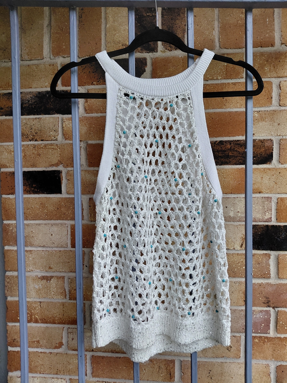 L'AGENCE Cream Crochet Halter Tank with Turquoise Bead Accents